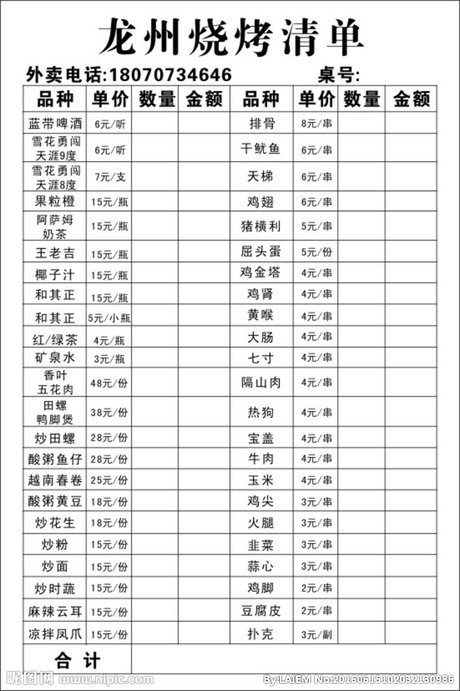烧烤材料清单