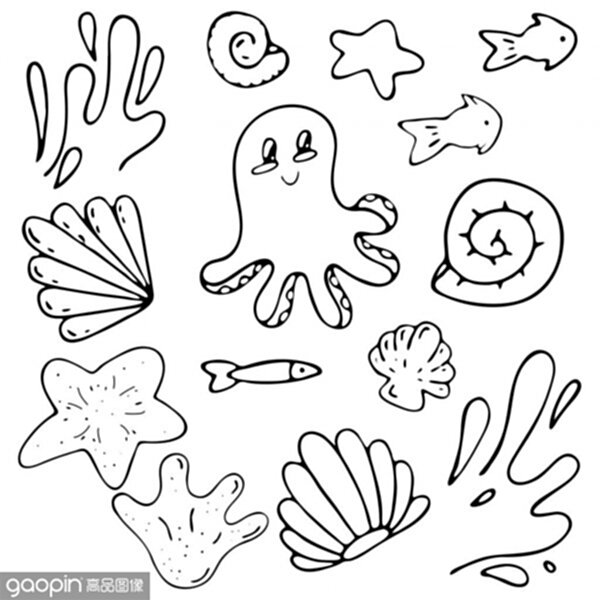 set of marine elements, waves, fish, shells, octopus, vector set