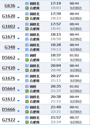 铜陵到合肥高铁时刻表