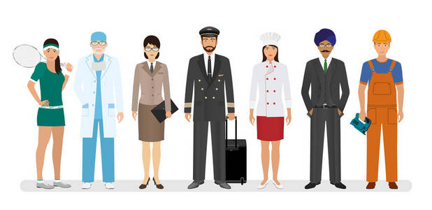 人物收藏。卡通设置不同的职业在不同的姿势。商人, 医生, 消防员, 农夫男人和女人。矢量插图