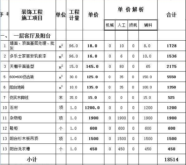 装修报价清单明细表