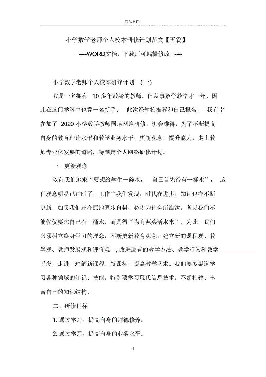2019年小学数学教师研修计划