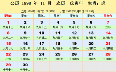 1998农历阳历表