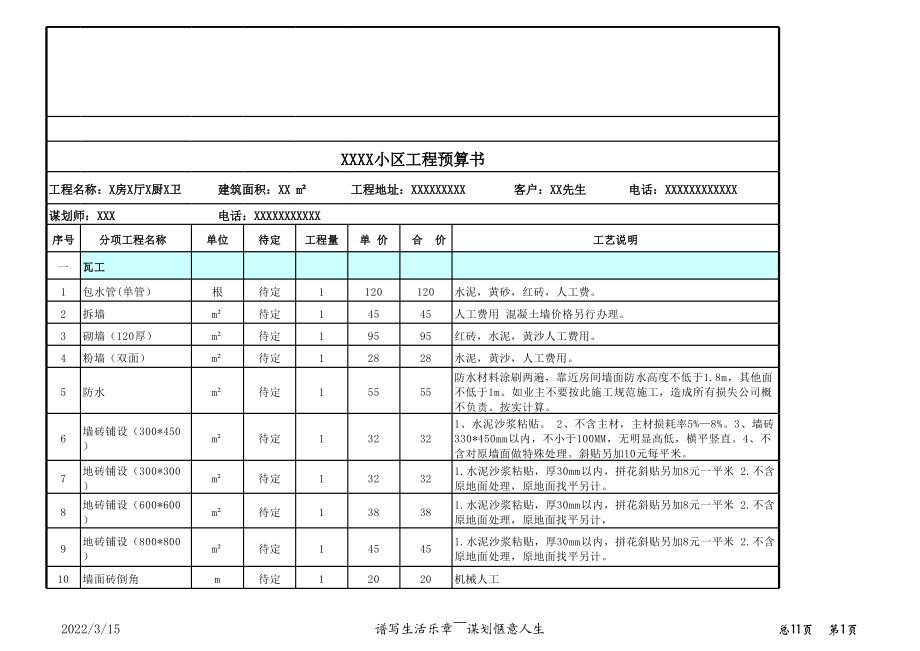 工程预算书范本