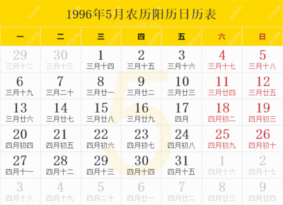 1996年农历阳历表