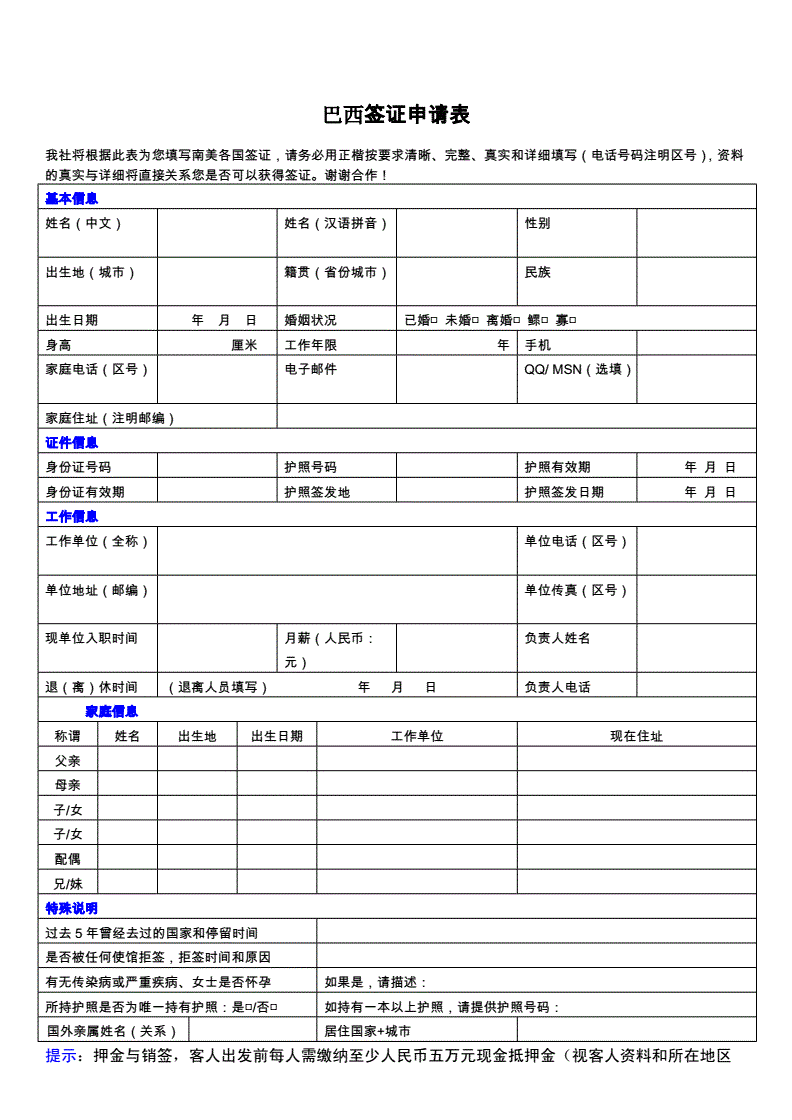 巴西商务签证表格