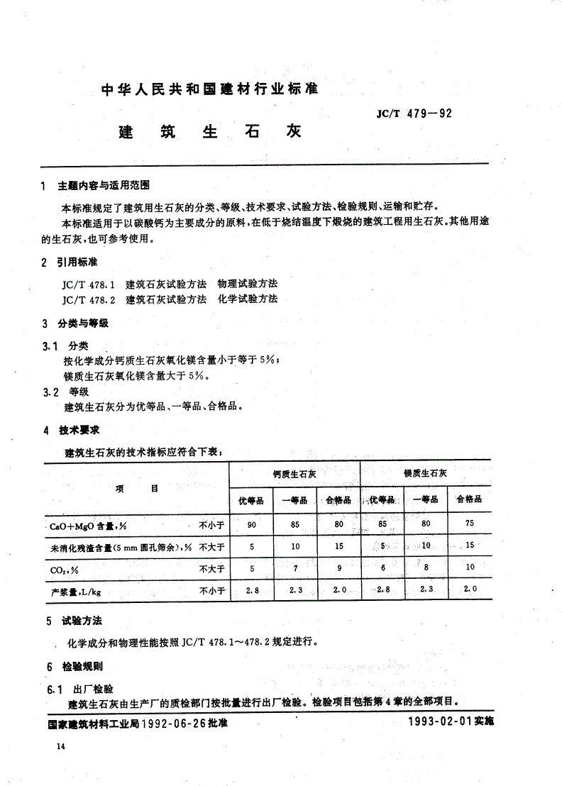 二级生石灰行业标准