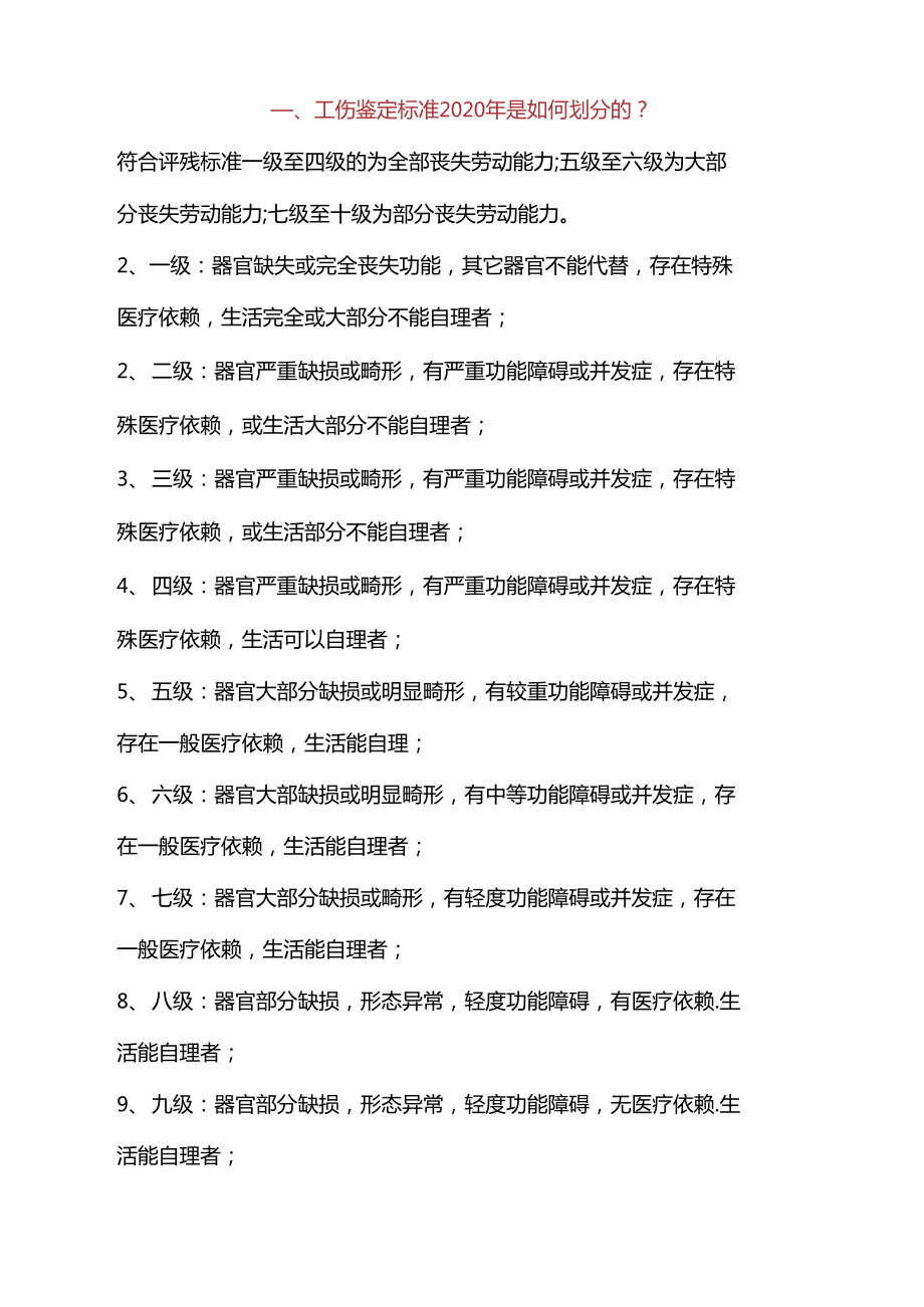一级工伤伤残鉴定标准